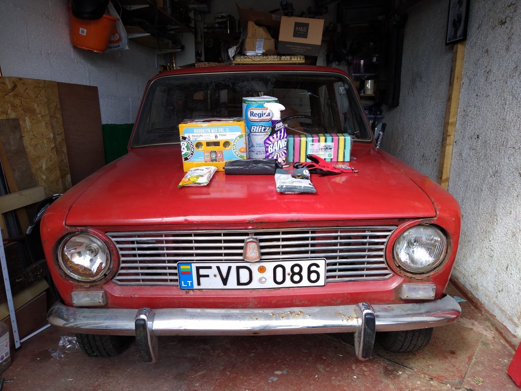 Cleaning products and beer, all needed for cleaning my Lada 2101