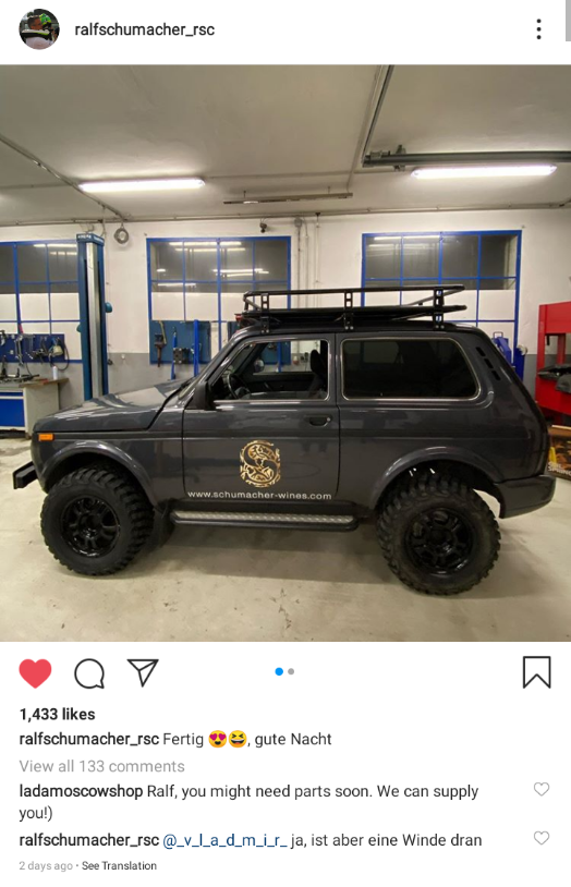 Ralf Schumacher's brand new Lada Niva for his Schumacher Wines business. "Done, good night"