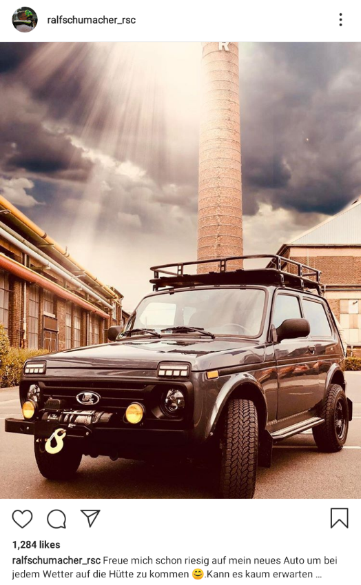 Ralf Schumacher's brand new Lada Niva for his Schumacher Wines business. "I'm really looking forward to my new car to get to the hut in any weather. Can not hardly wait..."