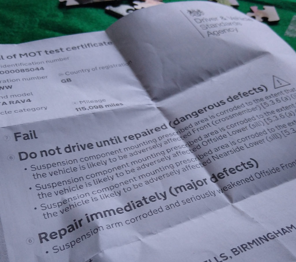 State of the Fleet 2021 7 I've had one other car fail an MOT before, but I have never had one with "Do not drive until repaired (dangerous defects)" before!